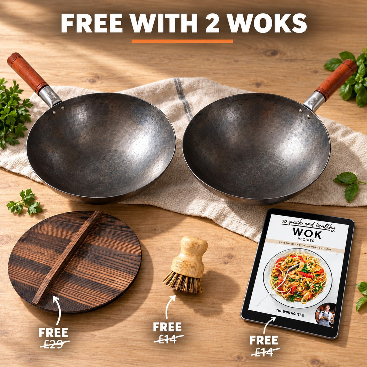 The Nasu Carbon Steel Wok, FREE WITH 2 WOKS: wooden lid (£29), bamboo brush (£14), recipe book (£14)