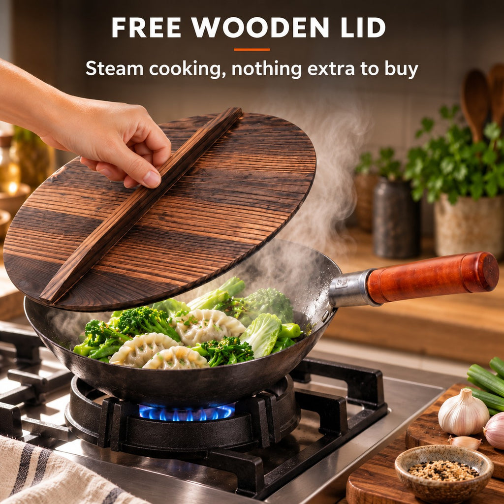 The Nasu Carbon Steel Wok, FREE WOODEN LID: Steam cooking, nothing extra to buy