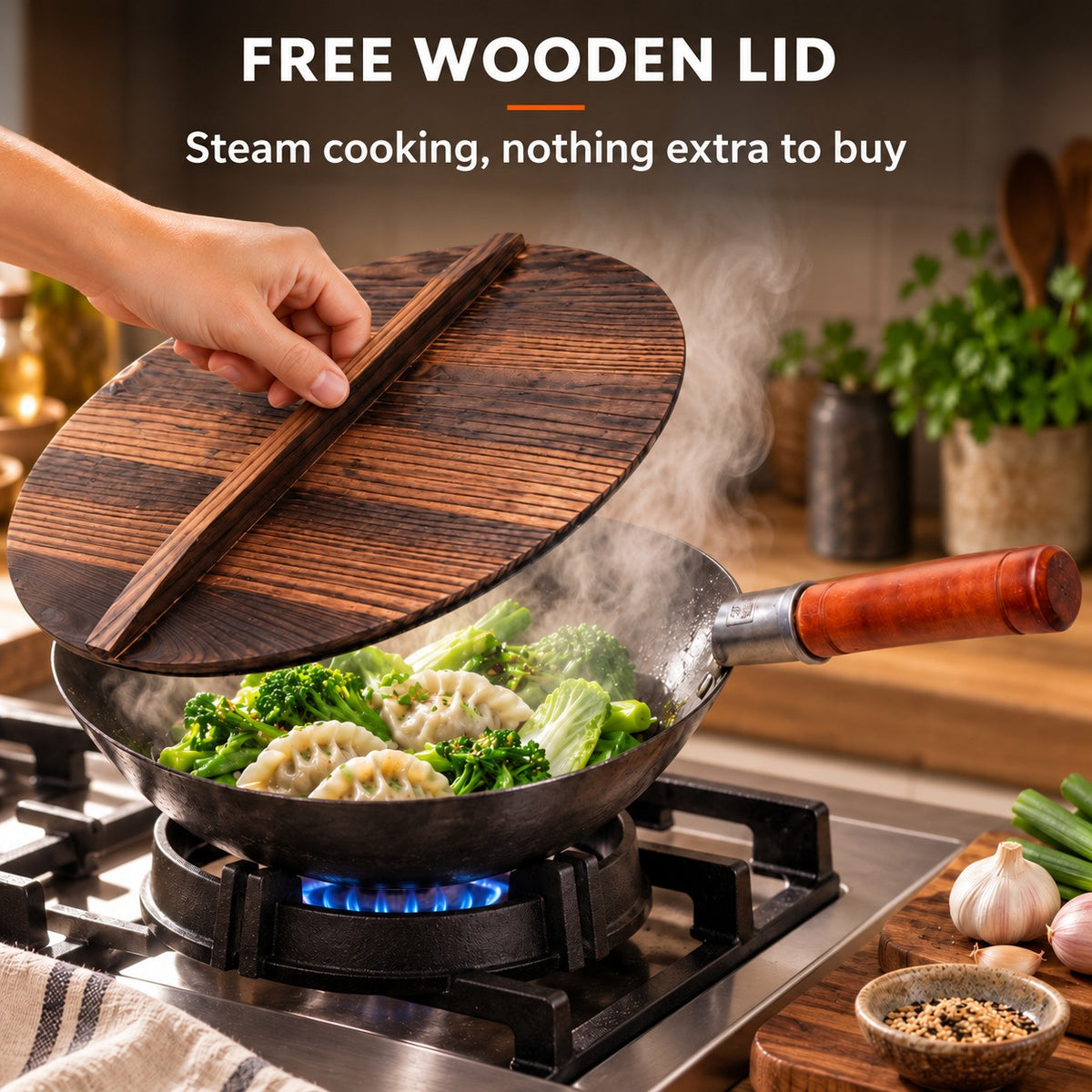 The Nasu Carbon Steel Wok, FREE WOODEN LID: Steam cooking, nothing extra to buy