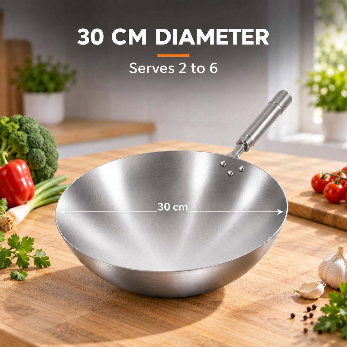 The Pankaji Universal Stainless Wok, 30 CM DIAMETER: Serves 2 to 6