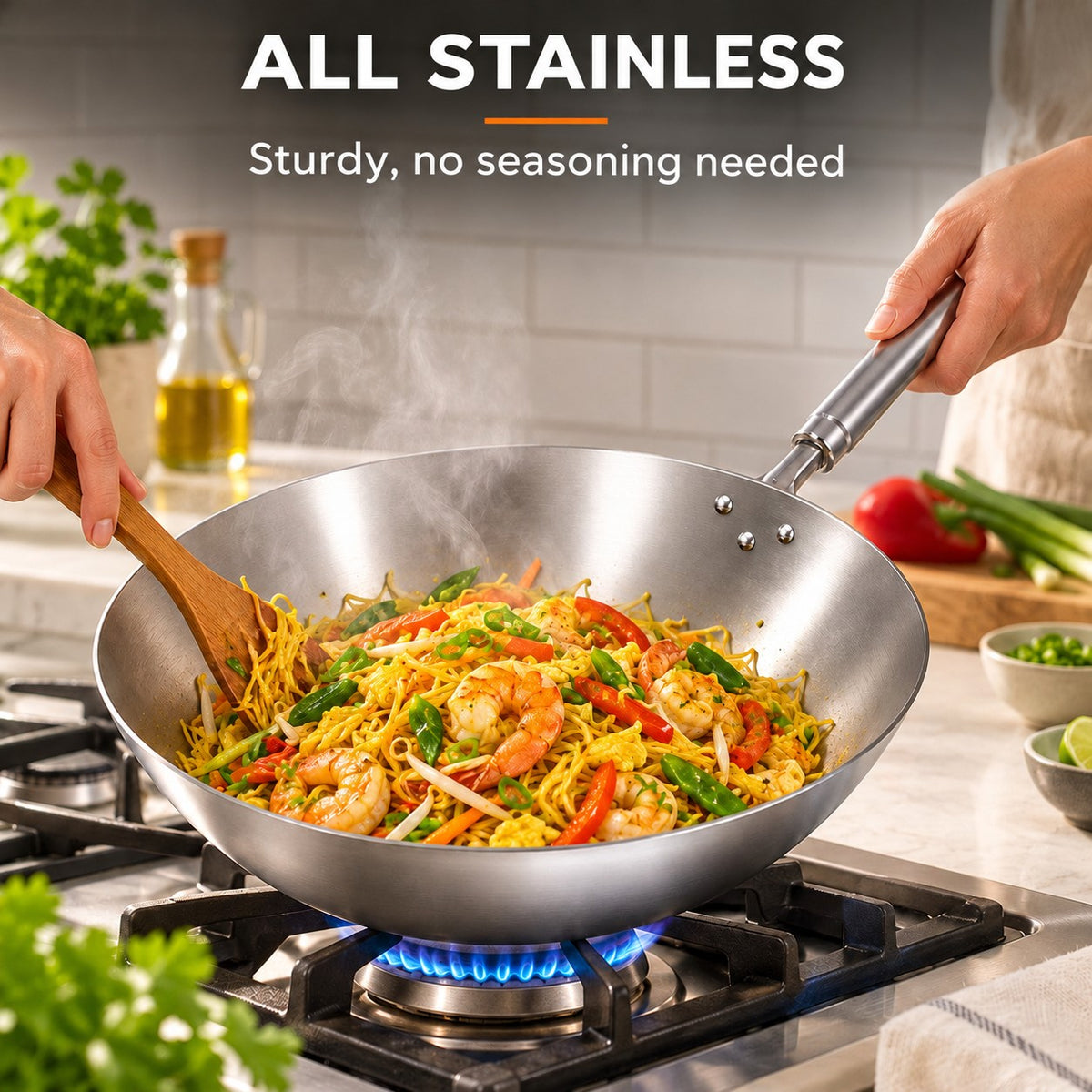The Pankaji Universal Stainless Wok, ALL STAINLESS: Sturdy, no seasoning needed