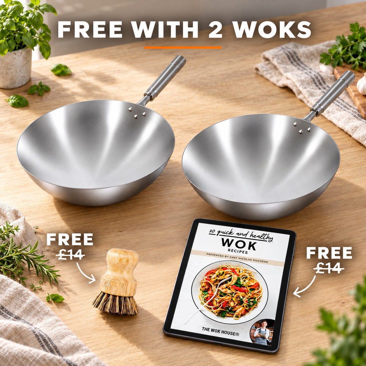 The Pankaji Universal Stainless Wok, FREE WITH 2 WOKS: bamboo brush (£14), recipe book (£14)