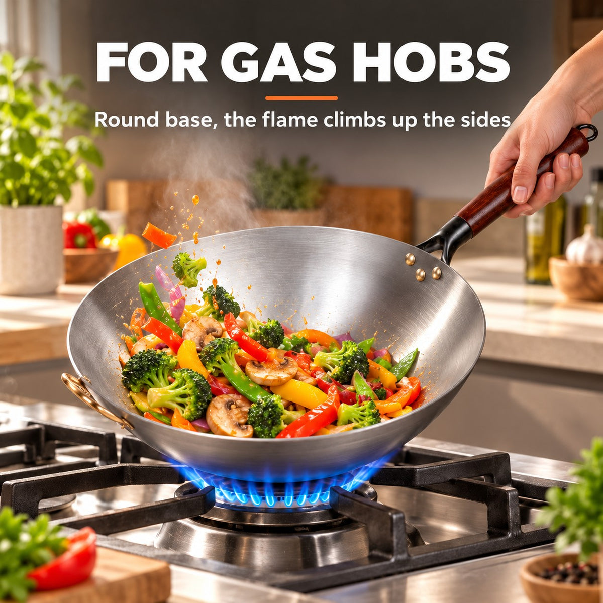 The Pankon Wok Pan, FOR GAS HOBS: Round base, the flame climbs up the sides