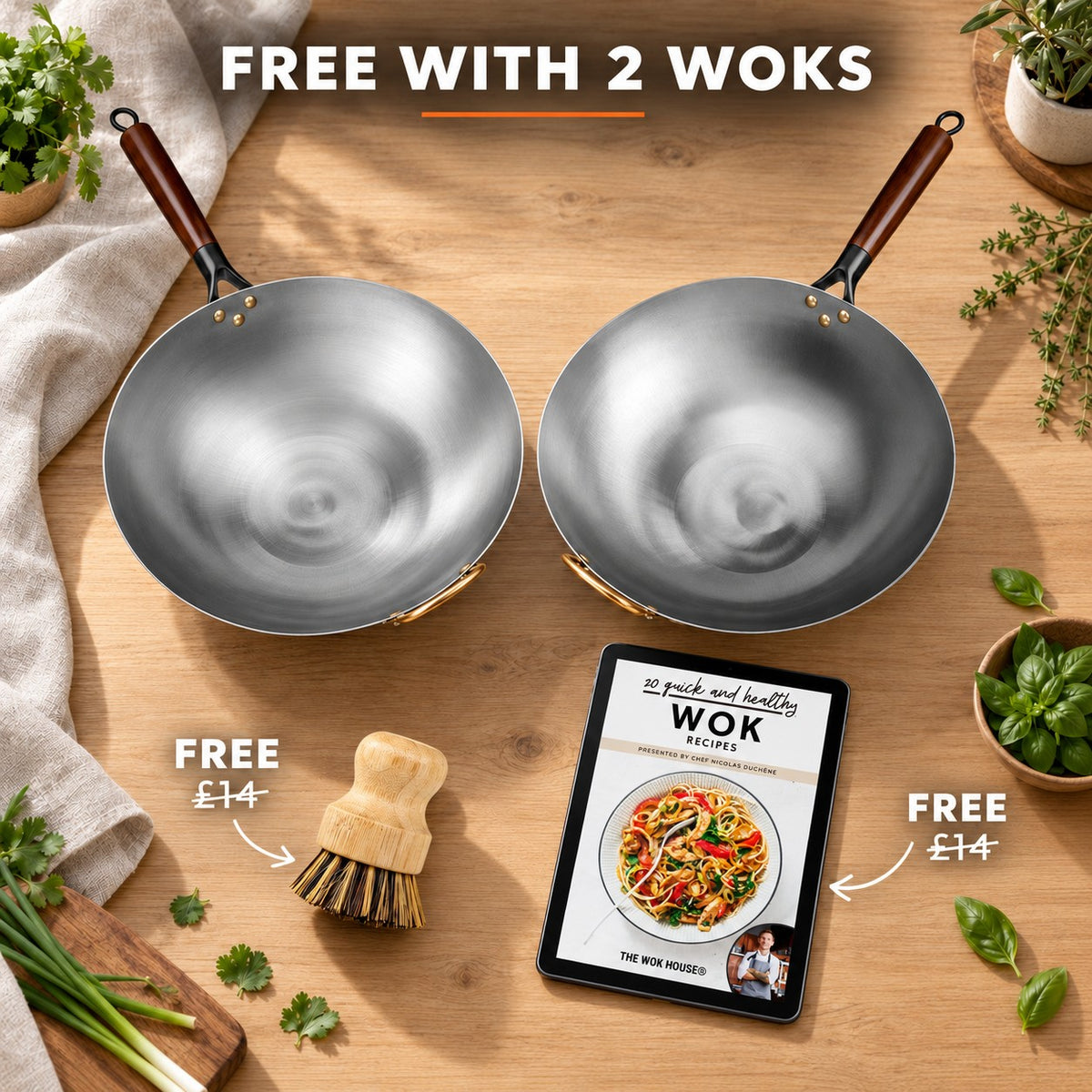 The Pankon Wok Pan, FREE WITH 2 WOKS: bamboo brush (£14), recipe book (£14)