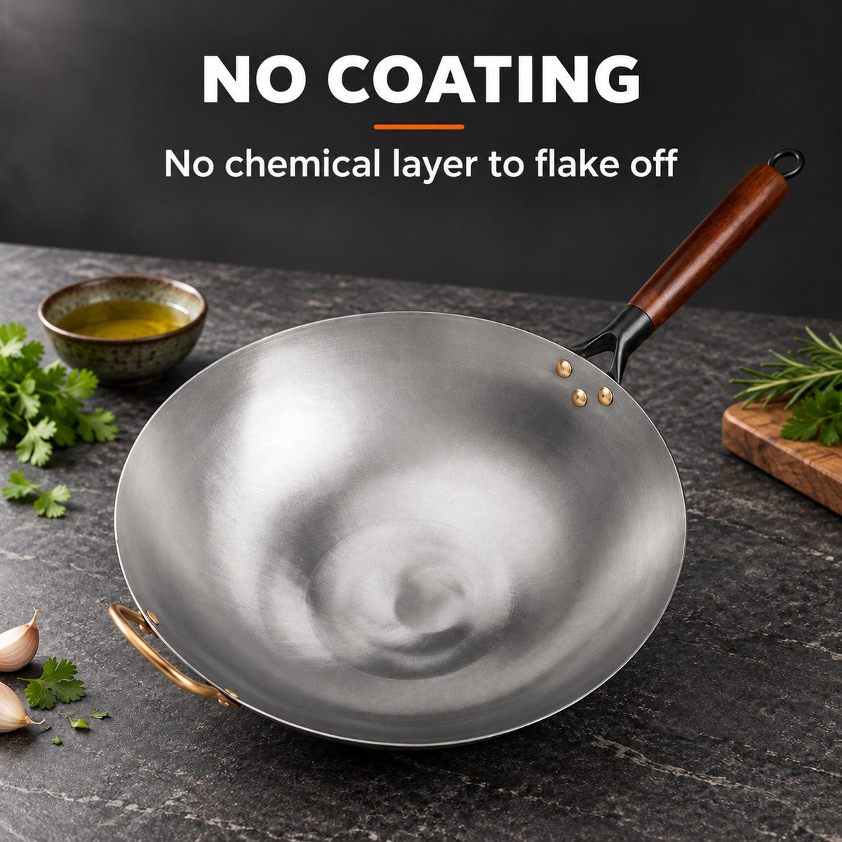 The Pankon Wok Pan, NO COATING: No chemical layer to flake off