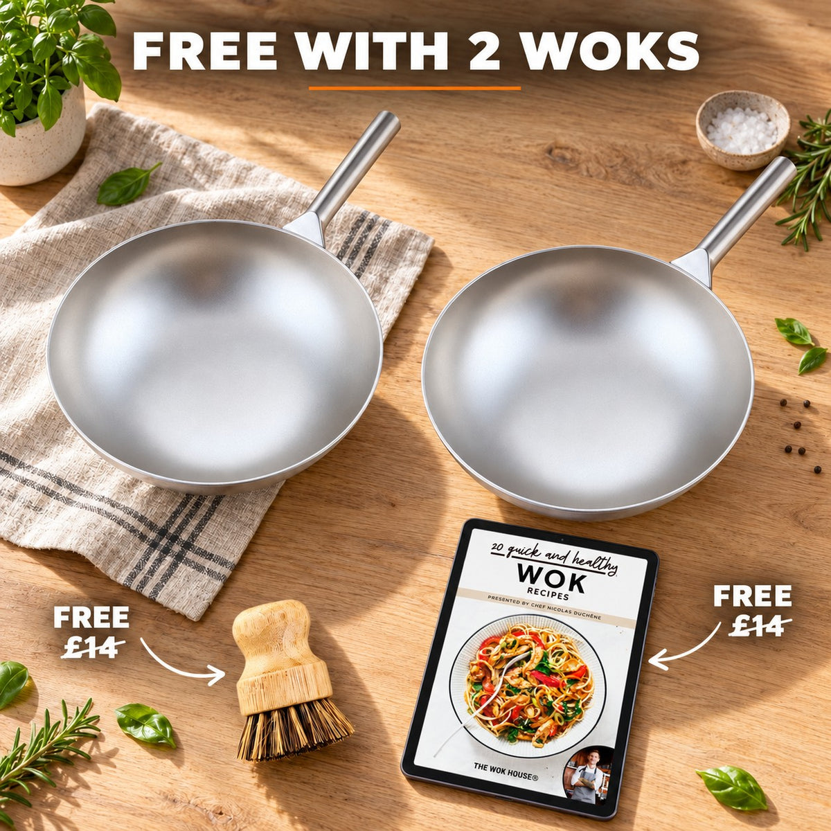 The Paroka Lightweight Wok, FREE WITH 2 WOKS: bamboo brush (£14), recipe book (£14)