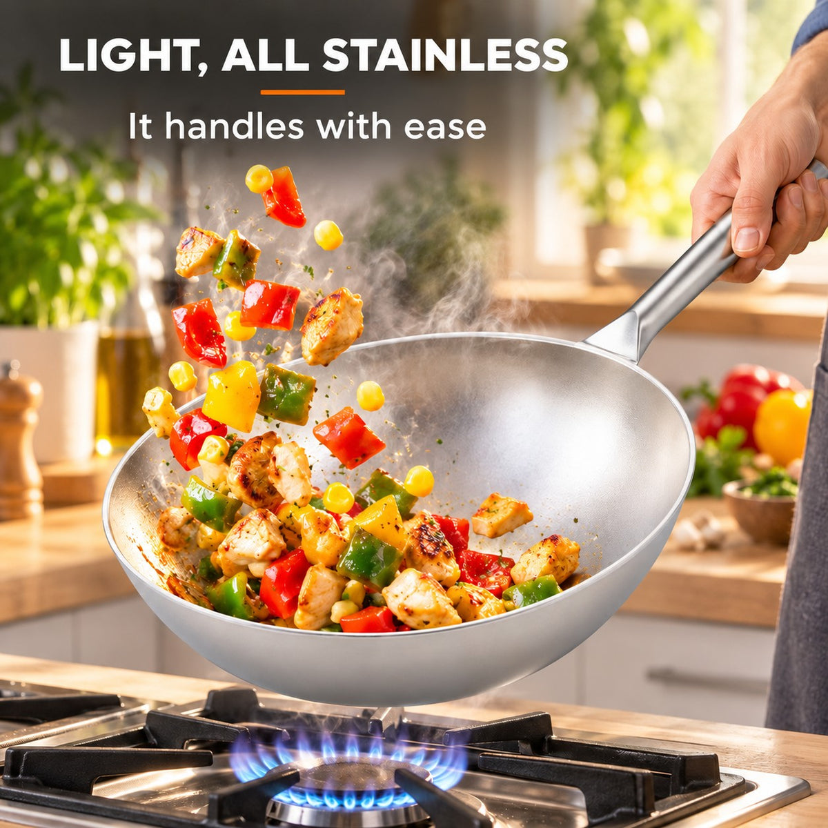 The Paroka Lightweight Wok, LIGHT, ALL STAINLESS: It handles with ease