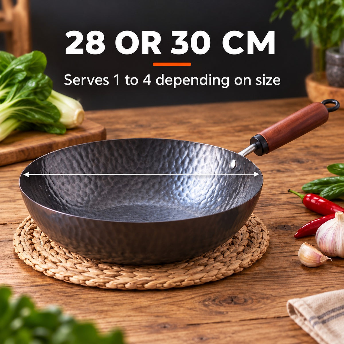The Pekaji Flat-Bottom Carbon Steel Wok, 28 OR 30 CM: Serves 1 to 4 depending on size