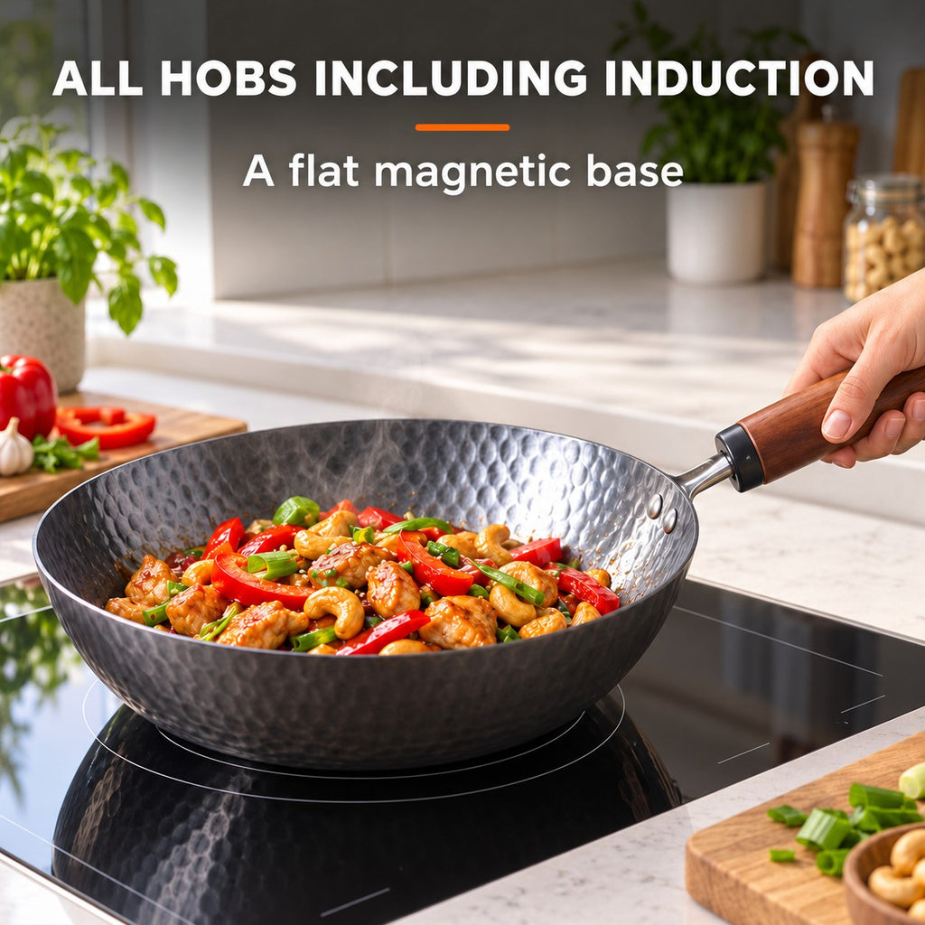 The Pekaji Flat-Bottom Carbon Steel Wok, ALL HOBS INCLUDING INDUCTION: A flat magnetic base