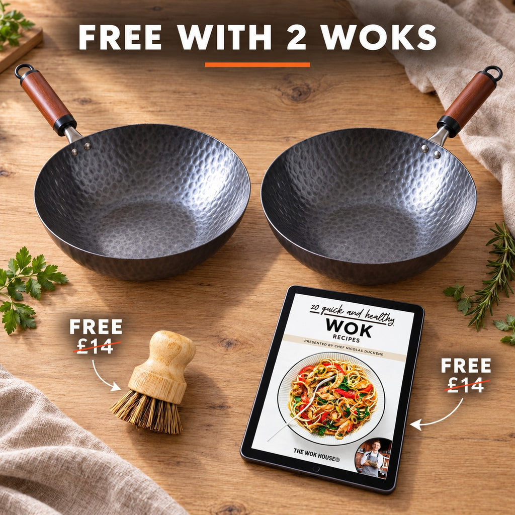 The Pekaji Flat-Bottom Carbon Steel Wok, FREE WITH 2 WOKS: bamboo brush (£14), recipe book (£14)
