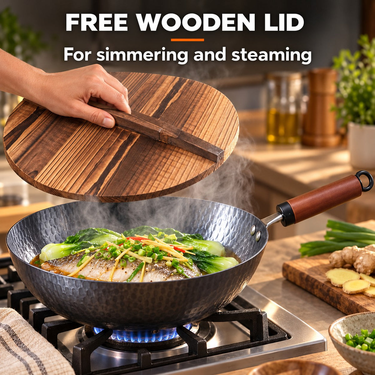 The Pekaji Flat-Bottom Carbon Steel Wok, FREE WOODEN LID: For simmering and steaming