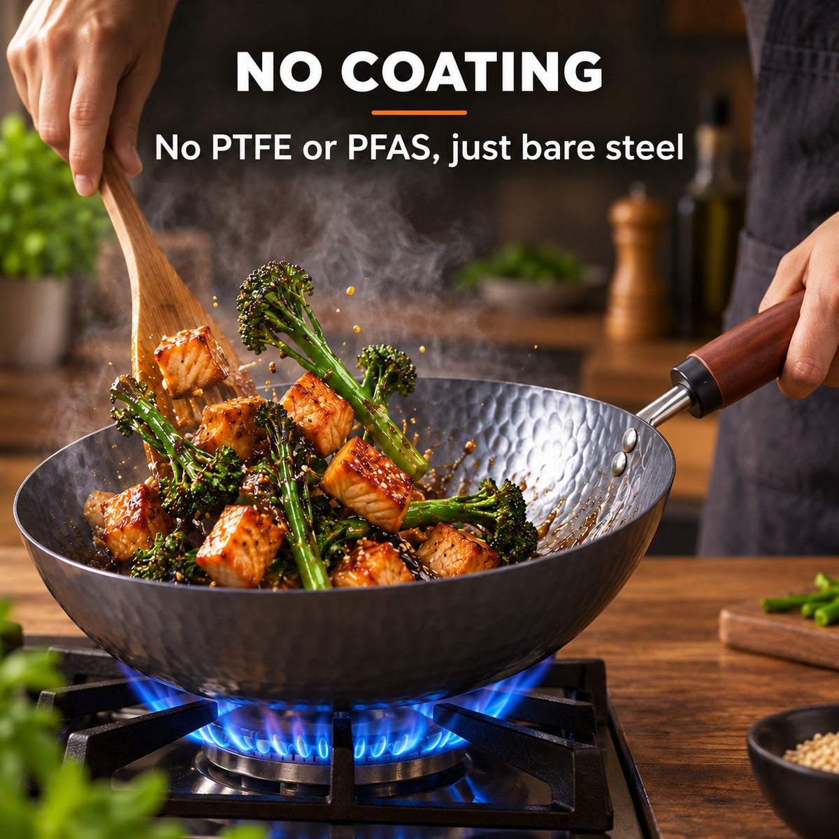 The Pekaji Flat-Bottom Carbon Steel Wok, NO COATING: No PTFE or PFAS, just bare steel