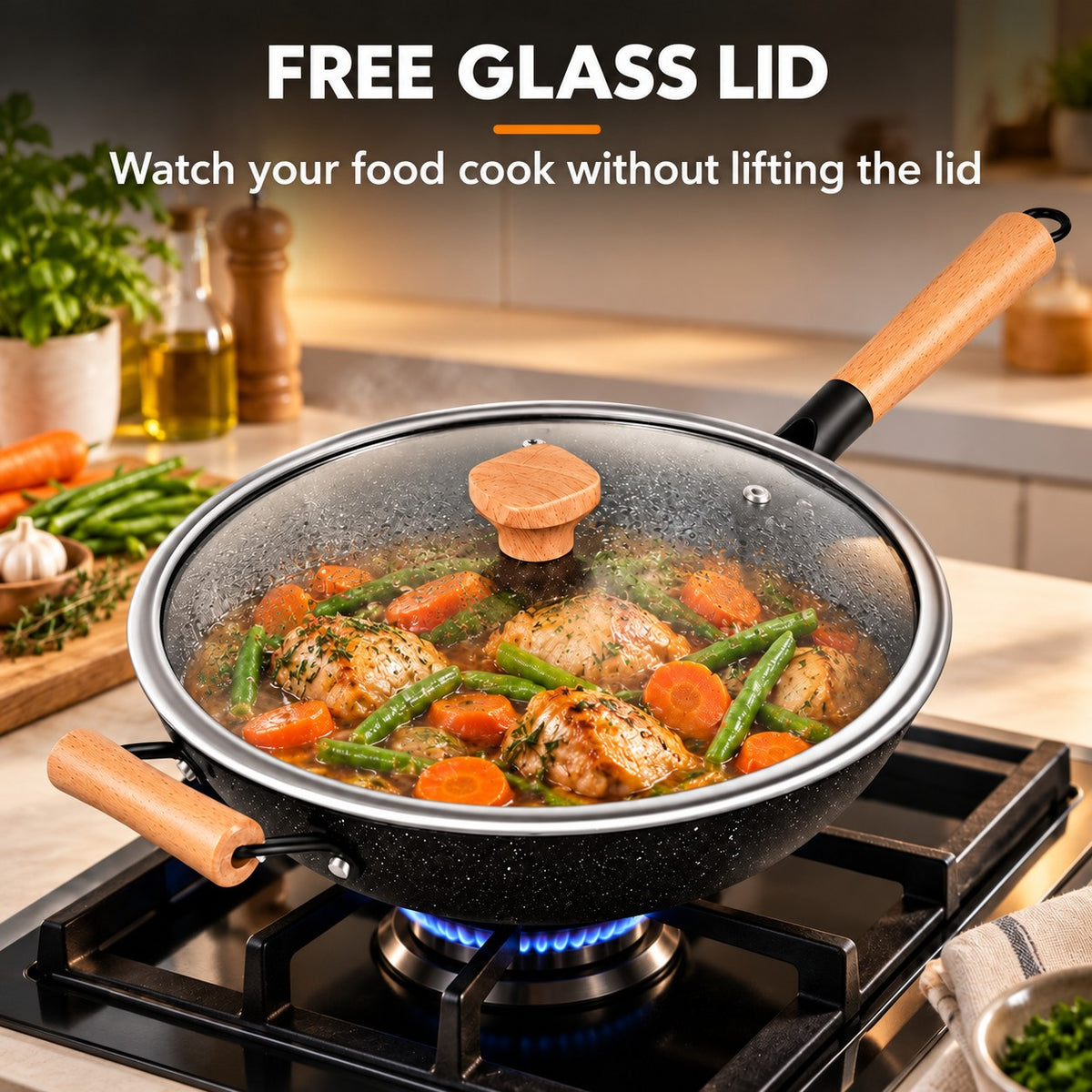 The Poroshiri Wok With Glass Lid, FREE GLASS LID: Watch your food cook without lifting the lid