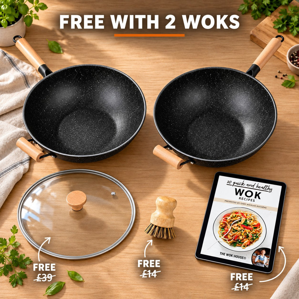 The Poroshiri Wok With Glass Lid, FREE WITH 2 WOKS: glass lid (£39), bamboo brush (£14), recipe book (£14)