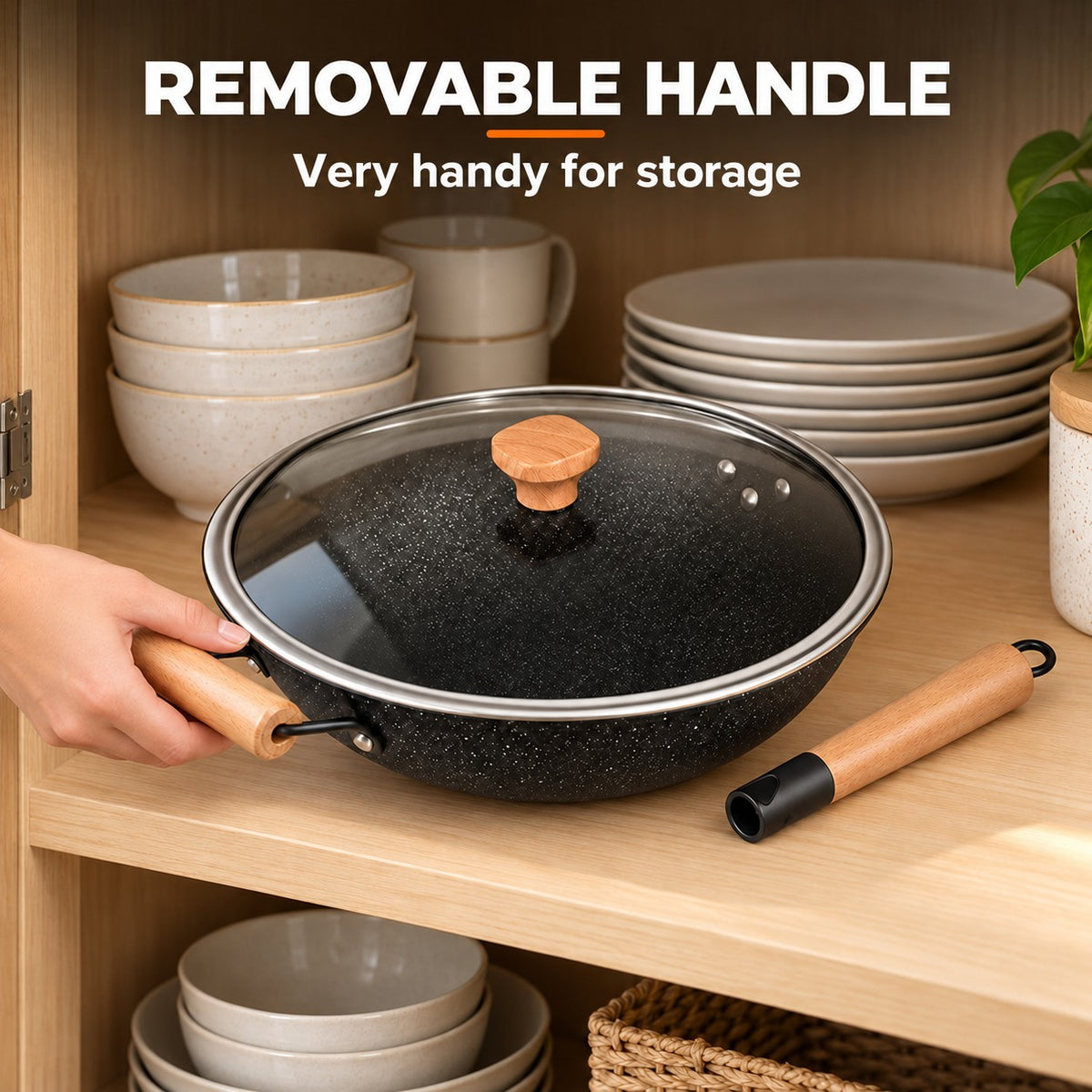 The Poroshiri Wok With Glass Lid, REMOVABLE HANDLE: Very handy for storage