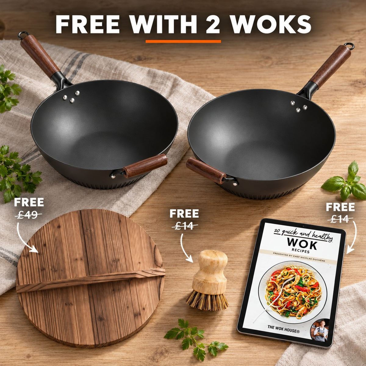 The Rausu Cast Iron Wok, FREE WITH 2 WOKS: wooden lid (£49), bamboo brush (£14), recipe book (£14)