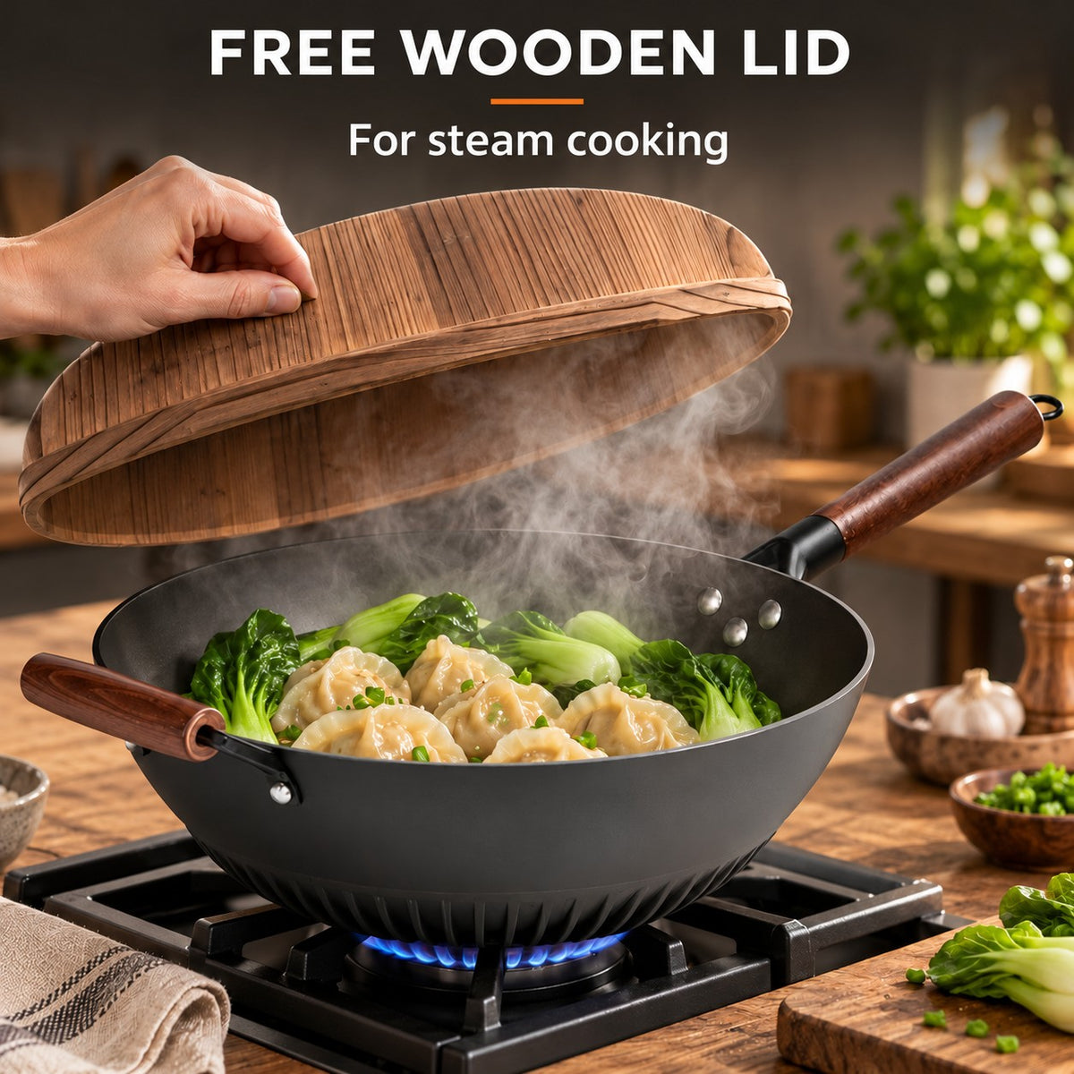 The Rausu Cast Iron Wok, FREE WOODEN LID: For steam cooking