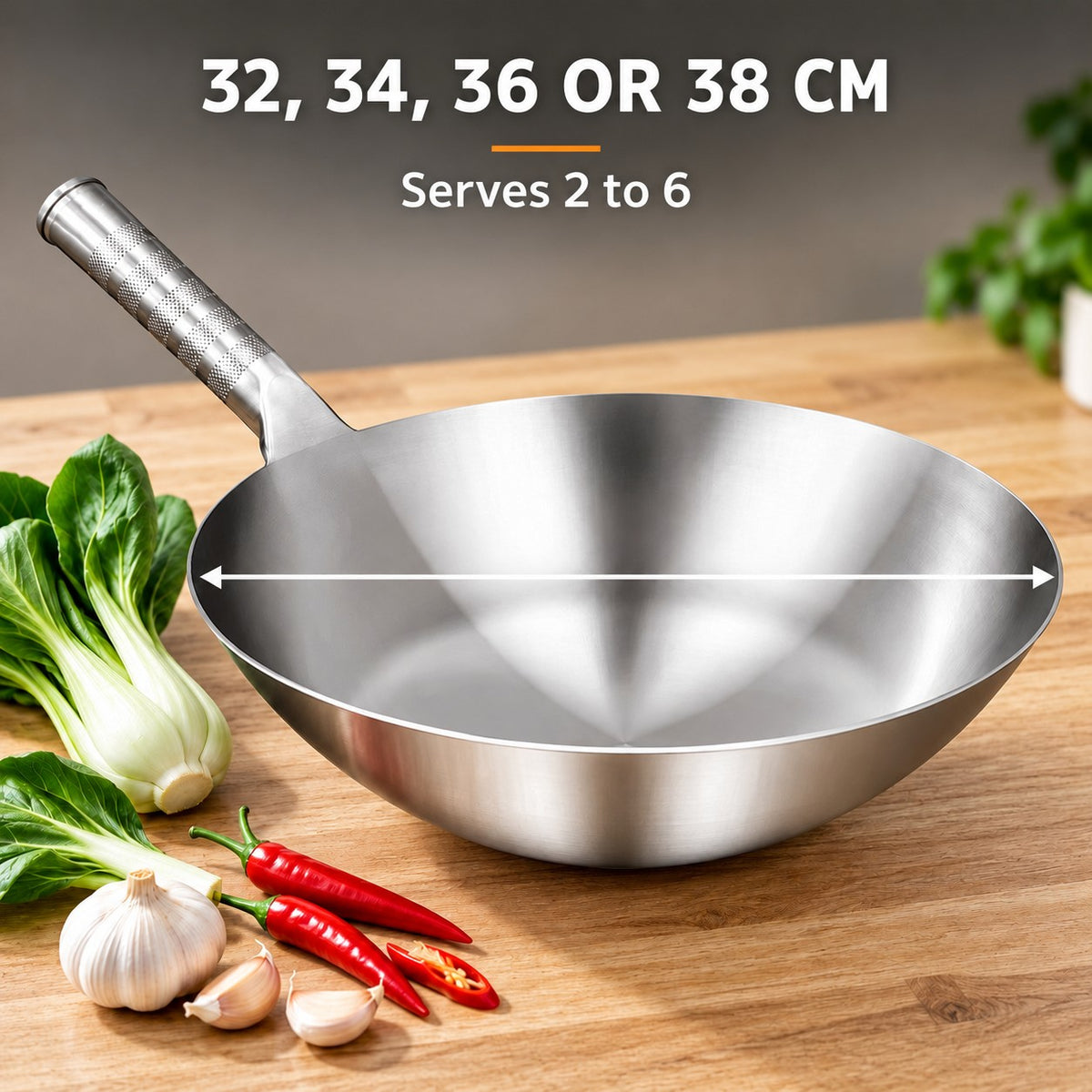 The Soyak Stainless Steel Wok, 32, 34, 36 OR 38 CM: Serves 2 to 6