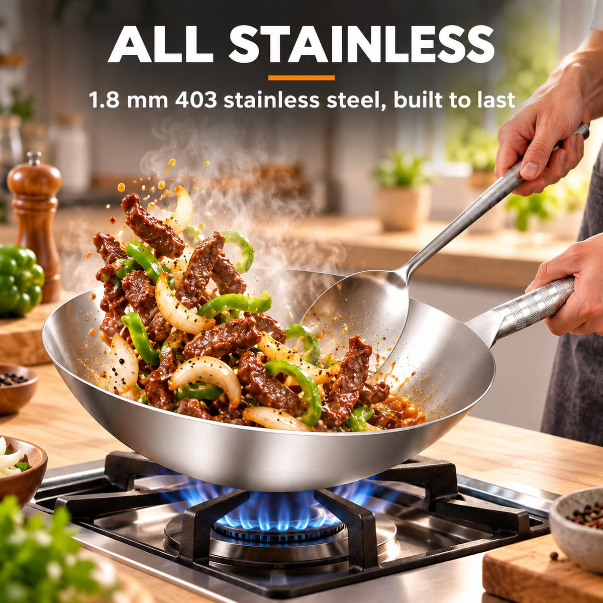 The Soyak Stainless Steel Wok, ALL STAINLESS: 1.8 mm 403 stainless steel, built to last