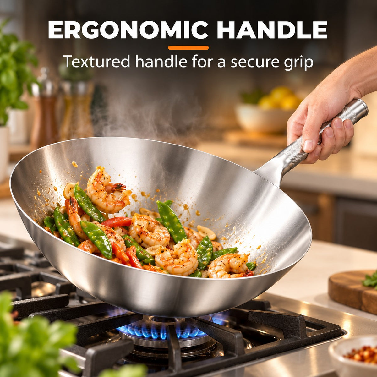 The Soyak Stainless Steel Wok, ERGONOMIC HANDLE: Textured handle for a secure grip