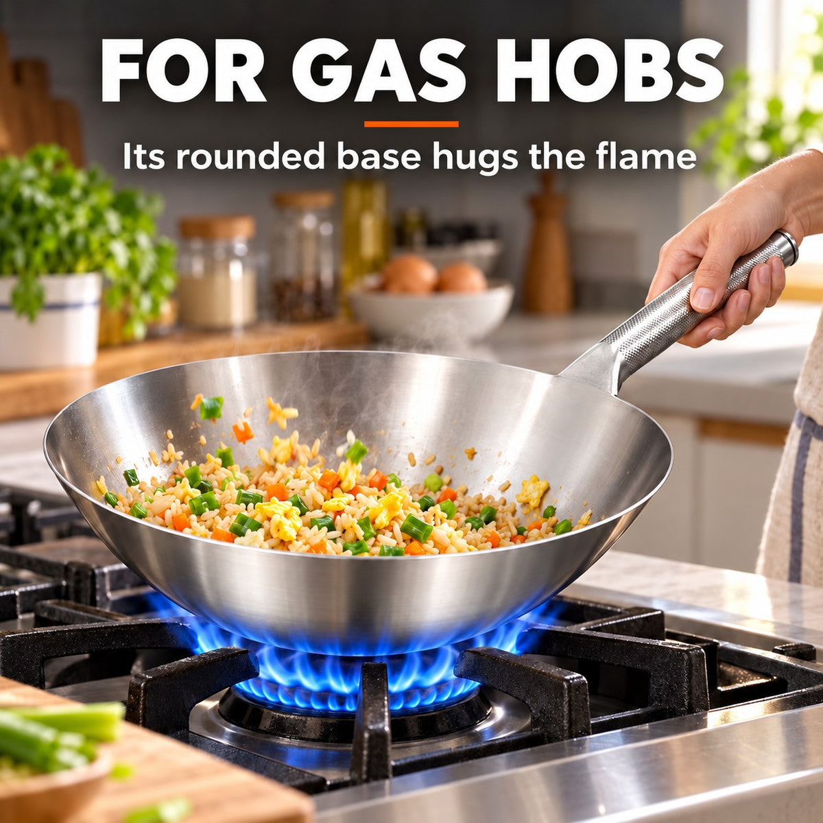 The Soyak Stainless Steel Wok, FOR GAS HOBS: Its rounded base hugs the flame