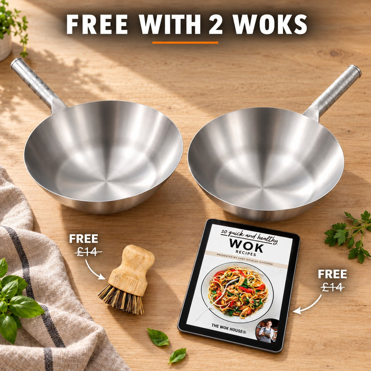 The Soyak Stainless Steel Wok, FREE WITH 2 WOKS: bamboo brush (£14), recipe book (£14)