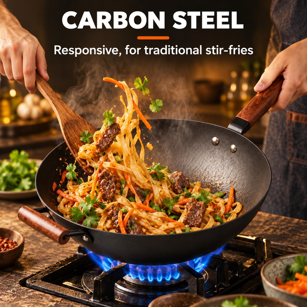 The Tokaji Non Stick Wok, CARBON STEEL: Responsive, for traditional stir-fries