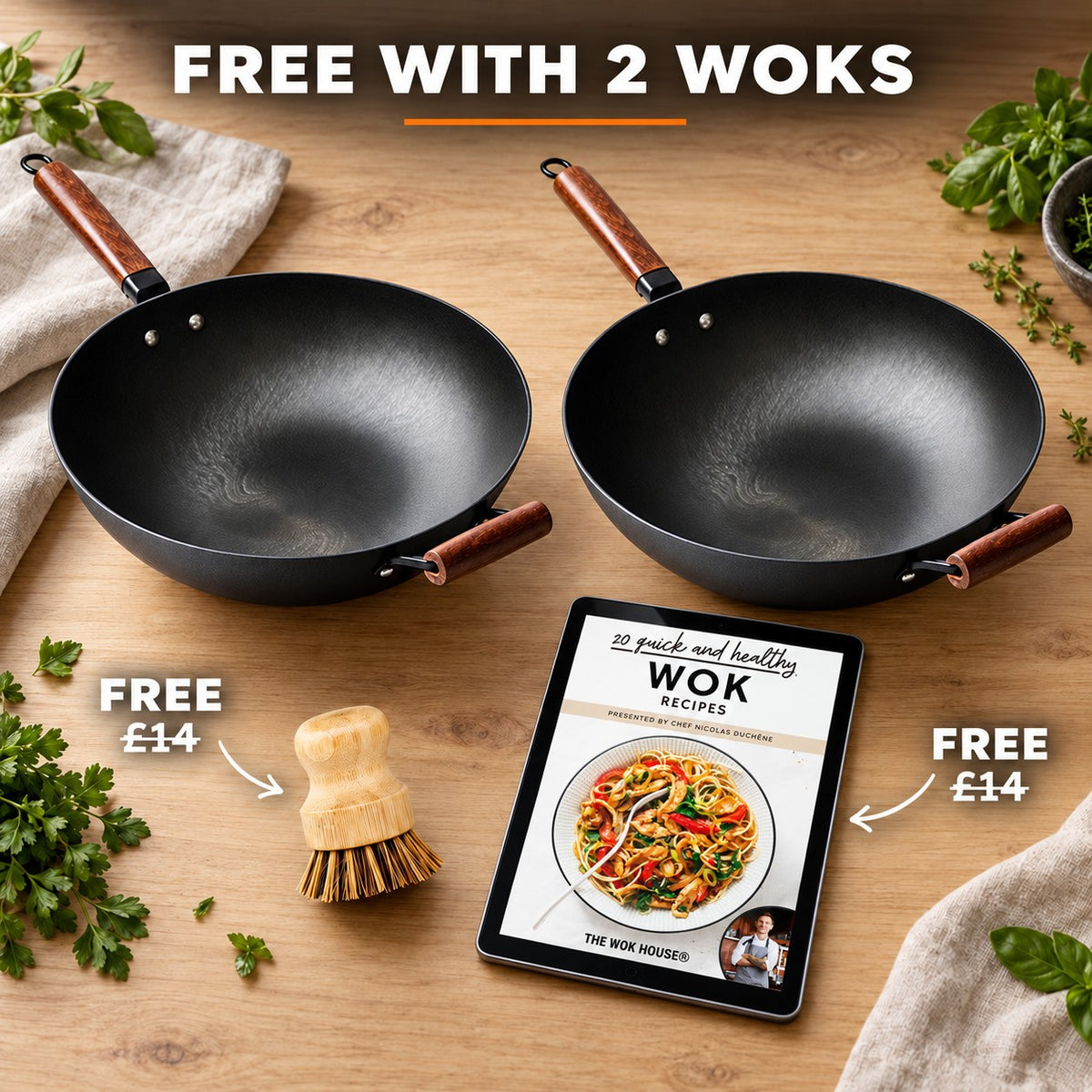 The Tokaji Non Stick Wok, FREE WITH 2 WOKS: bamboo brush (£14), recipe book (£14)