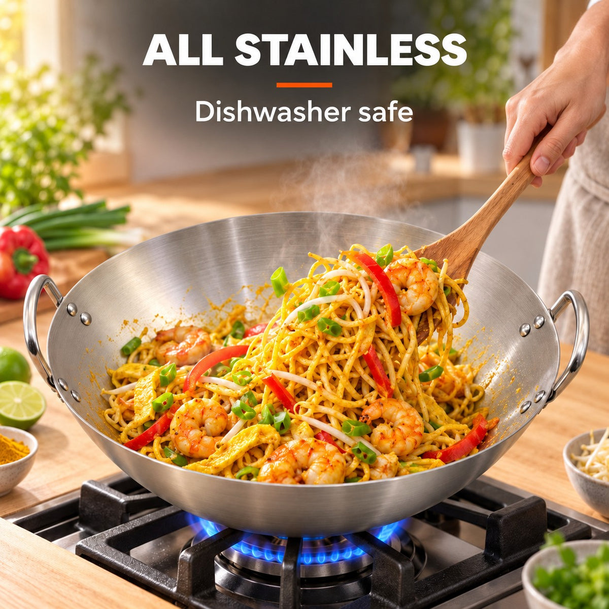 The Yakushi Wok Family Size, ALL STAINLESS: Dishwasher safe