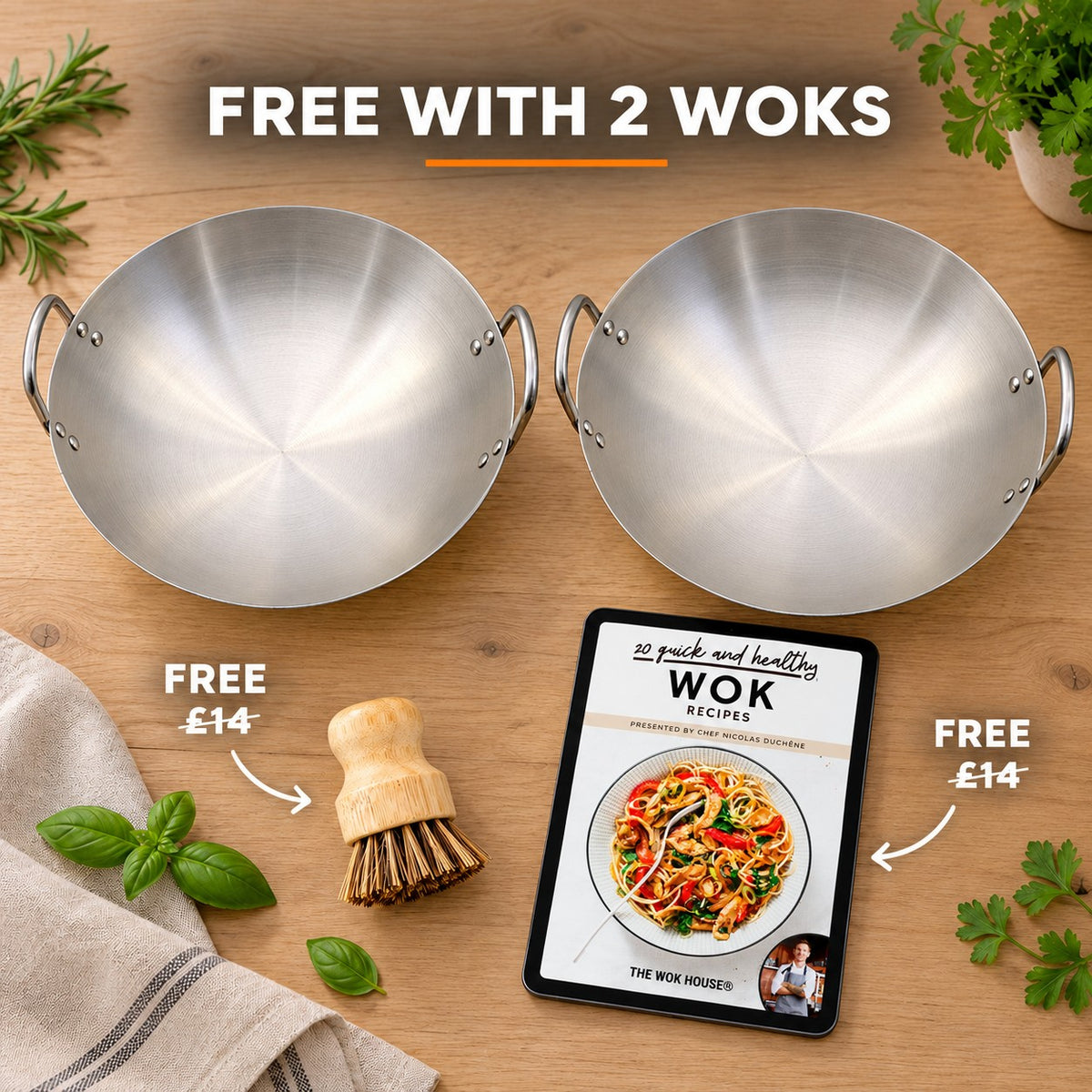 The Yakushi Wok Family Size, FREE WITH 2 WOKS: bamboo brush (£14), recipe book (£14)