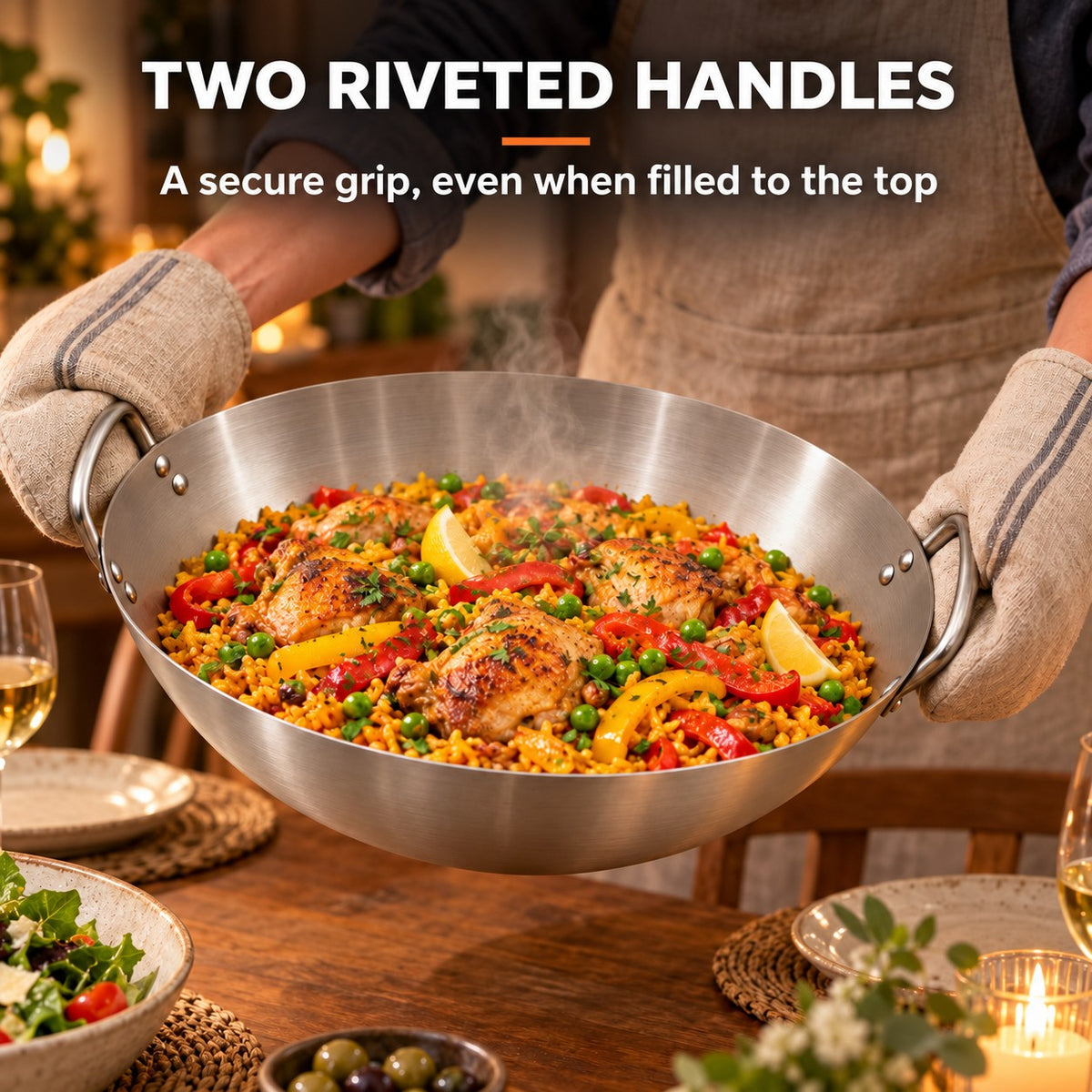 The Yakushi Wok Family Size, TWO RIVETED HANDLES: A secure grip, even when filled to the top