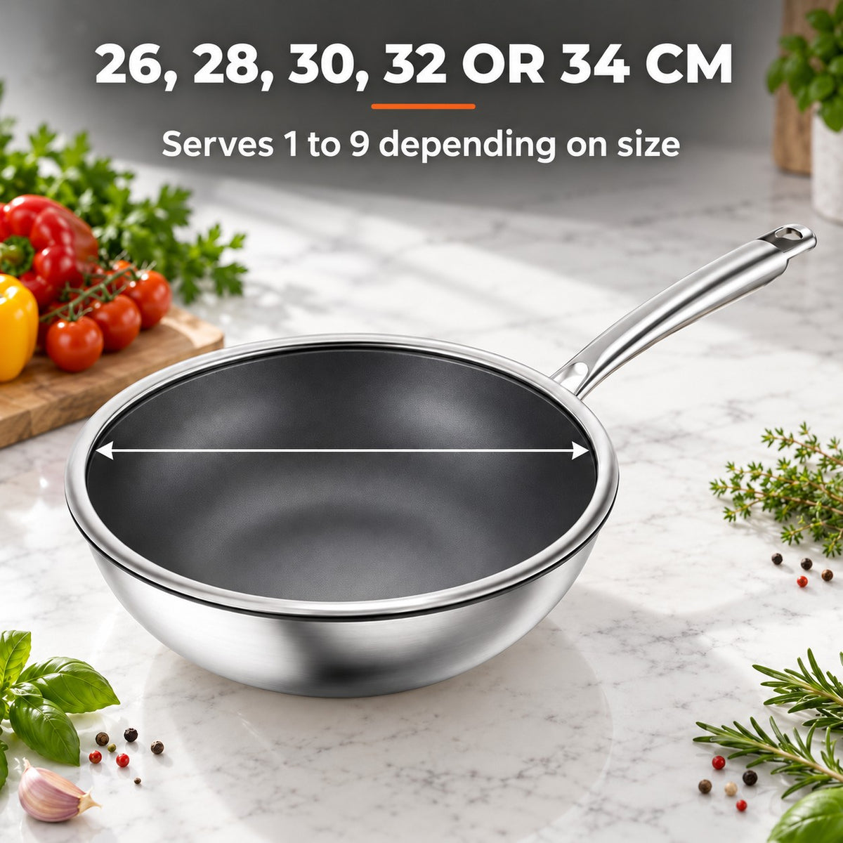 Titanium wok, 26, 28, 30, 32 OR 34 CM: Serves 1 to 9 depending on size