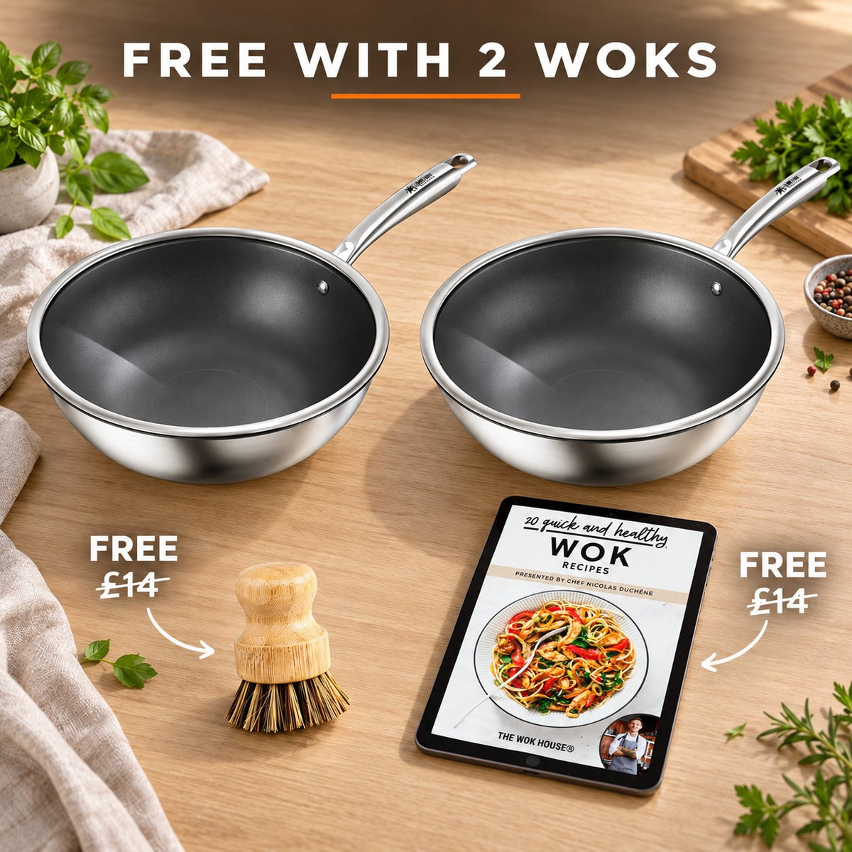 Titanium wok, FREE WITH 2 WOKS: bamboo brush (£14), recipe book (£14)