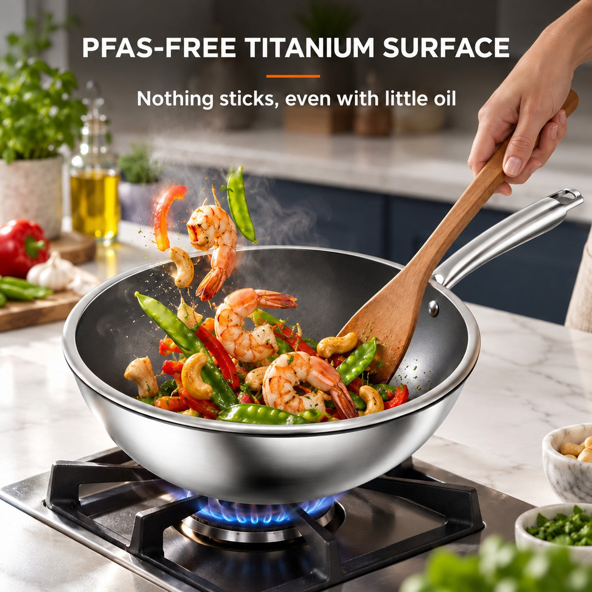 Titanium wok, PFAS-FREE TITANIUM SURFACE: Nothing sticks, even with little oil