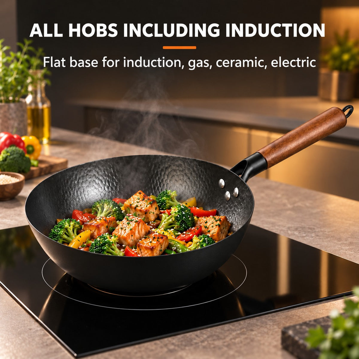 Traditional Japanese wok, ALL HOBS INCLUDING INDUCTION: Flat base for induction, gas, ceramic, electric