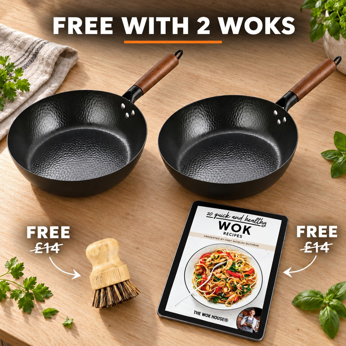 Traditional Japanese wok, FREE WITH 2 WOKS: bamboo brush (£14), recipe book (£14)