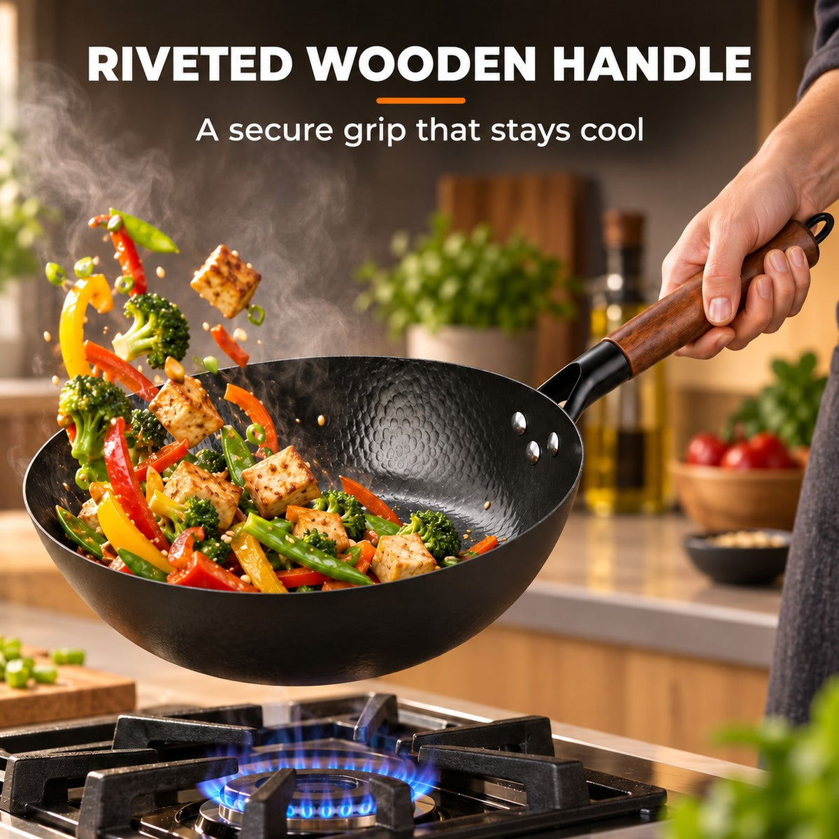 Traditional Japanese wok, RIVETED WOODEN HANDLE: A secure grip that stays cool