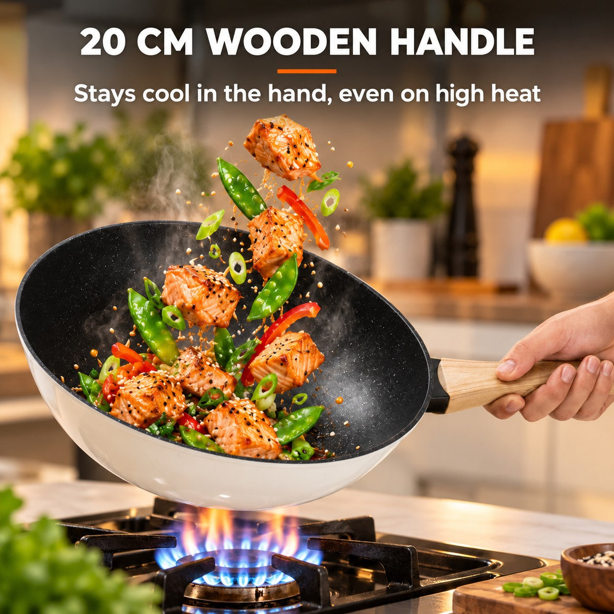 The Tarumi Ceramic Wok, 20 CM WOODEN HANDLE: Stays cool in the hand, even on high heat