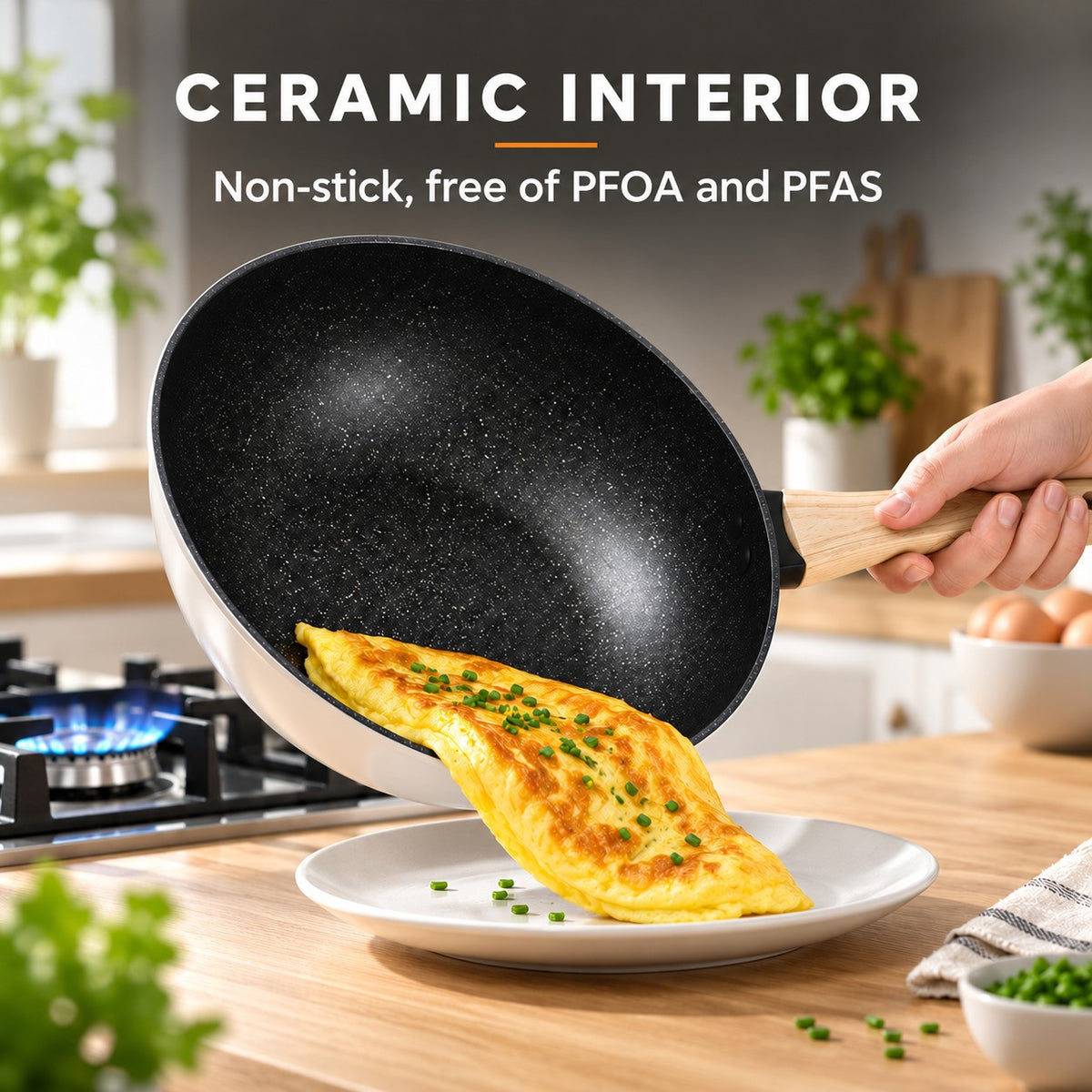 The Tarumi Ceramic Wok, CERAMIC INTERIOR: Non-stick, free of PFOA and PFAS