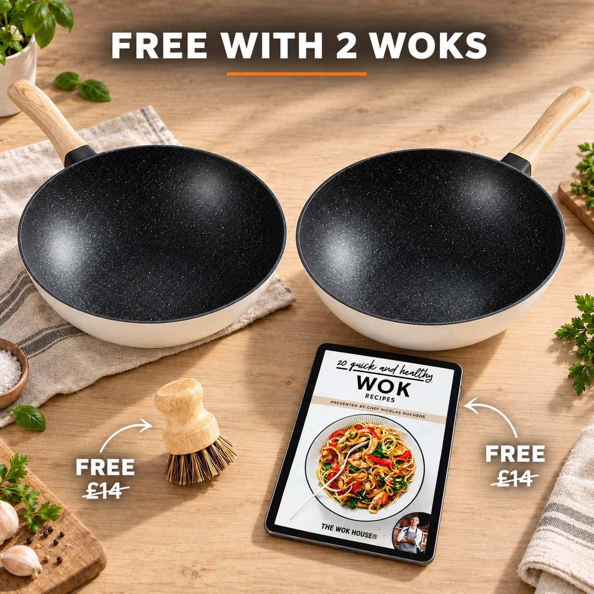 The Tarumi Ceramic Wok, FREE WITH 2 WOKS: bamboo brush (£14), recipe book (£14)