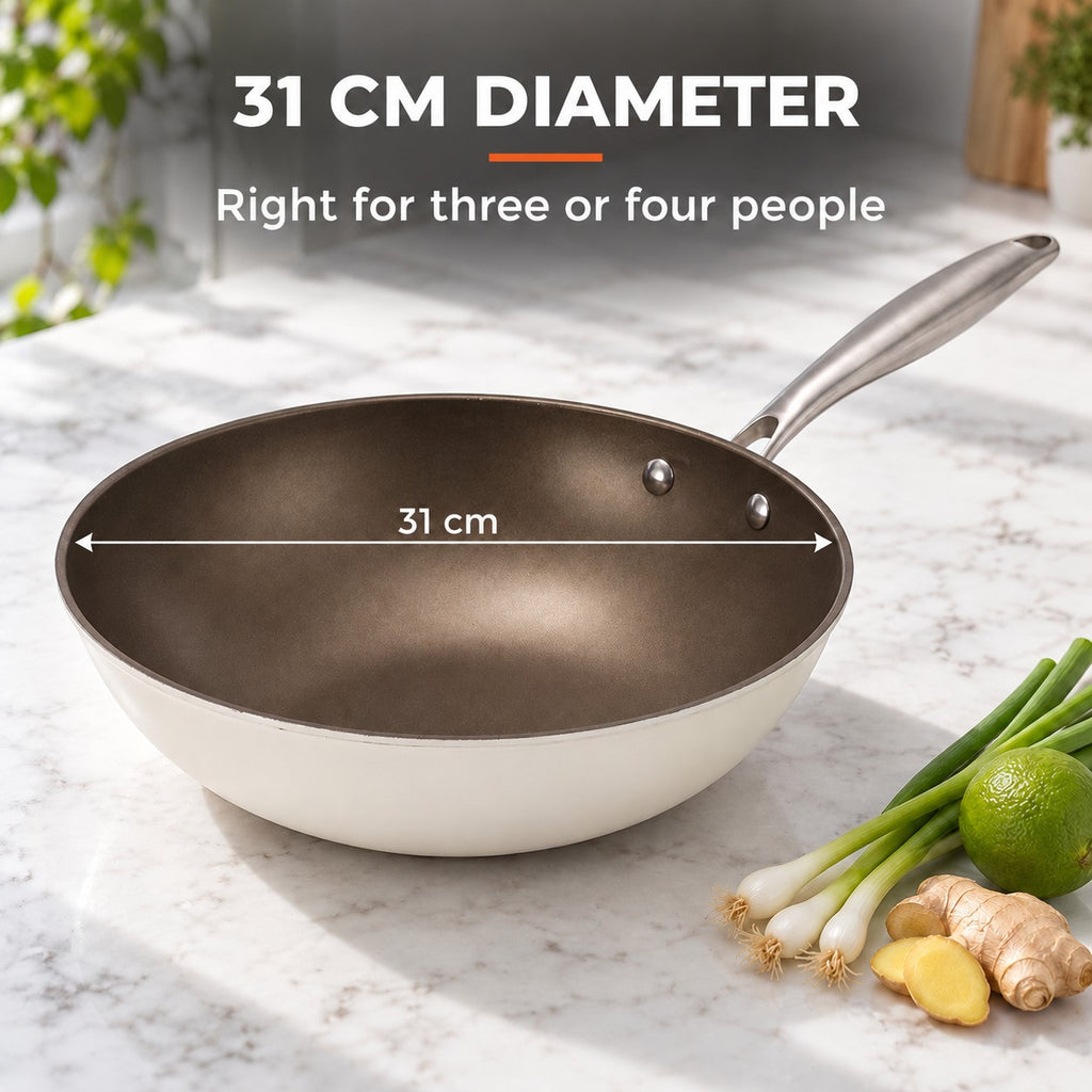 White induction wok, 31 CM DIAMETER: Right for three or four people