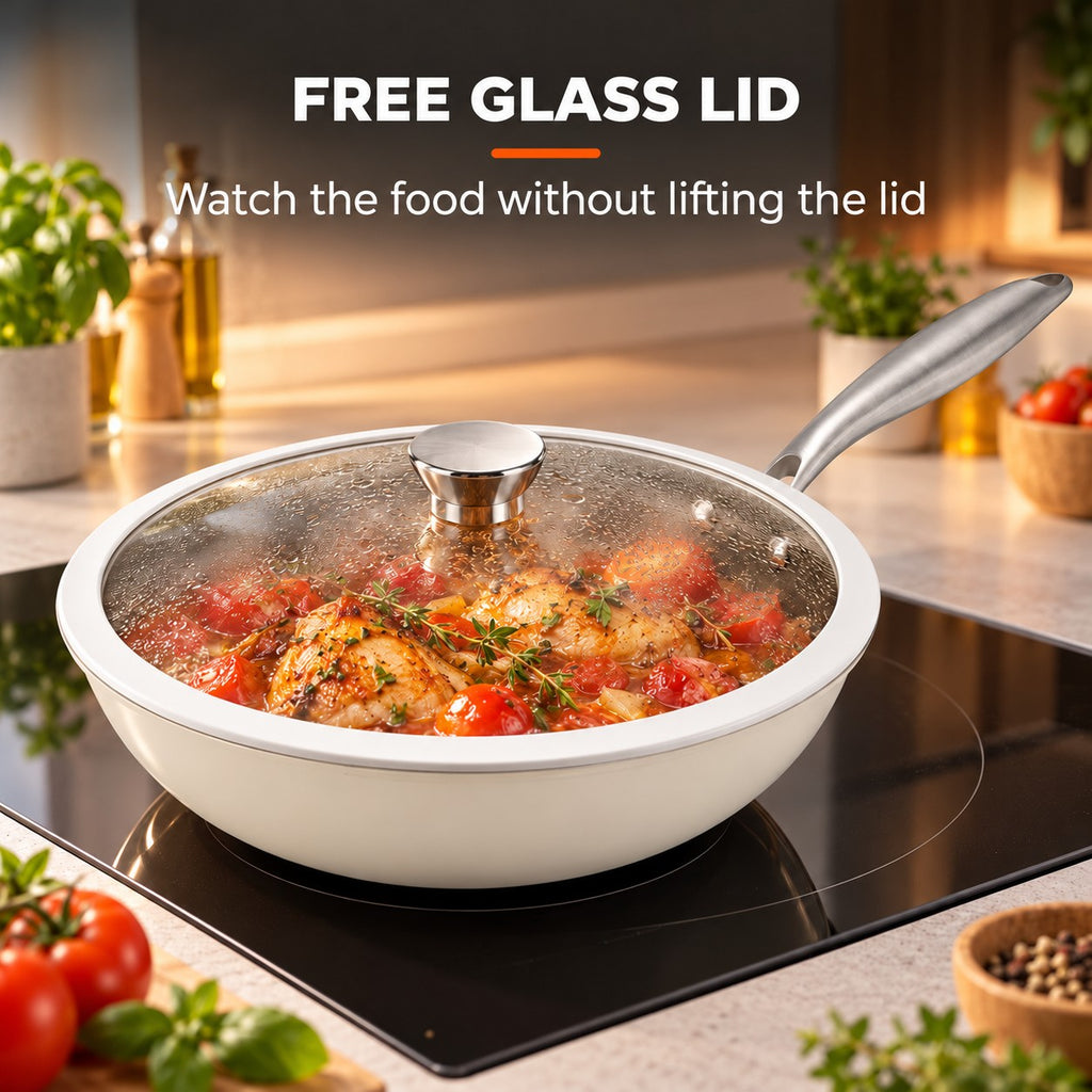 White induction wok, FREE GLASS LID: Watch the food without lifting the lid