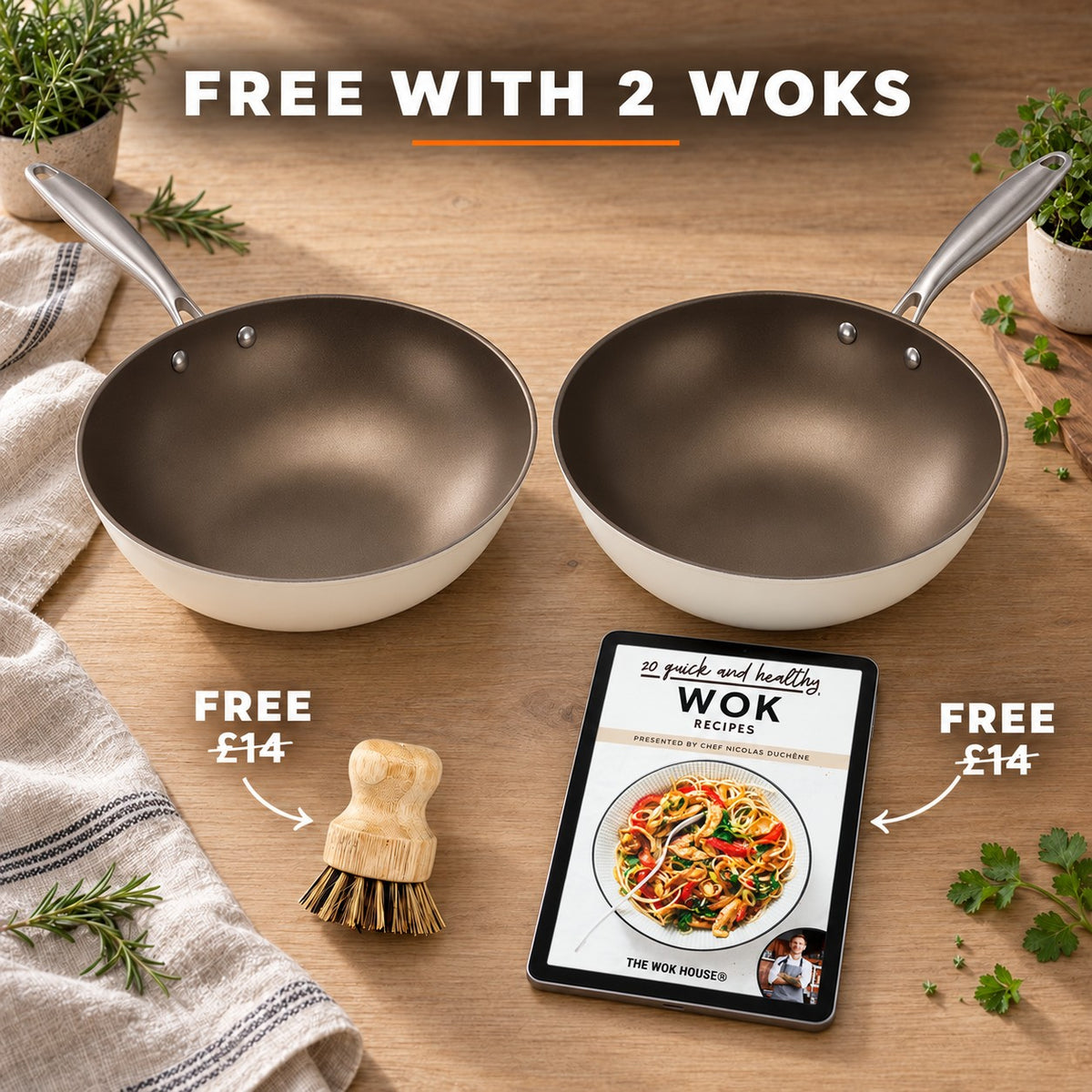 White induction wok, FREE WITH 2 WOKS: bamboo brush (£14), recipe book (£14)