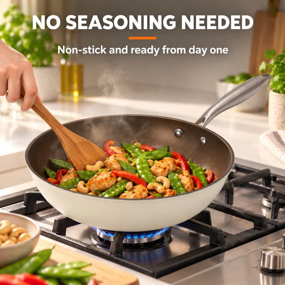 White induction wok, NO SEASONING NEEDED: Non-stick and ready from day one