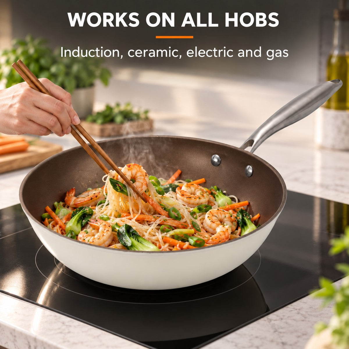 White induction wok, WORKS ON ALL HOBS: Induction, ceramic, electric and gas
