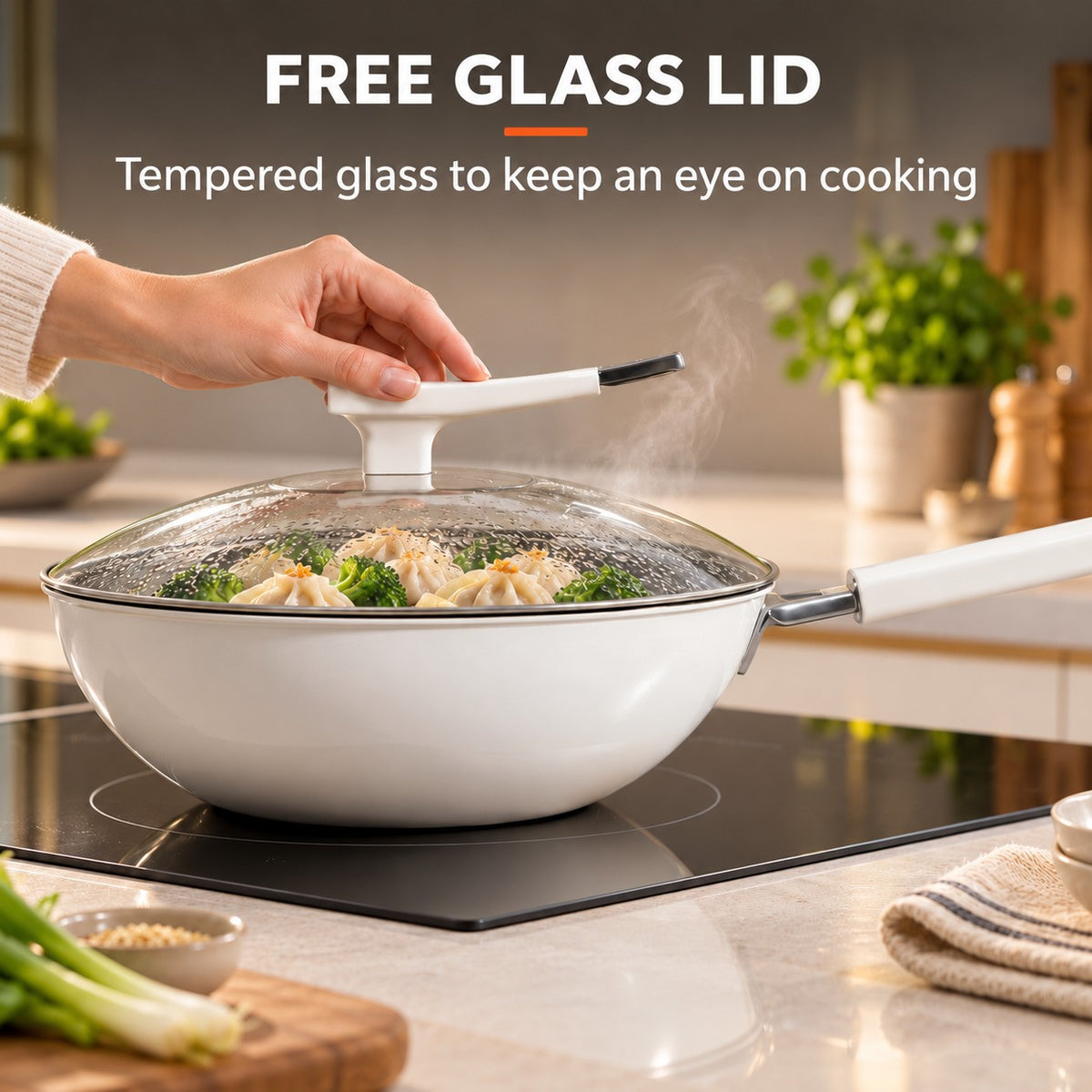 White wok, FREE GLASS LID: Tempered glass to keep an eye on cooking