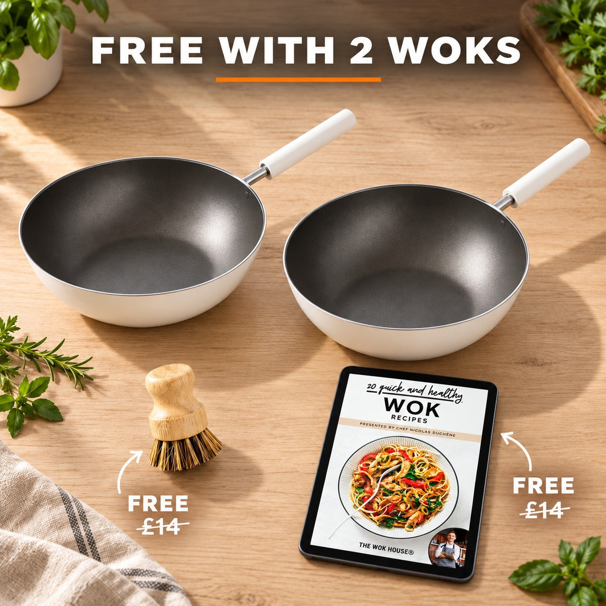 White wok, FREE WITH 2 WOKS: bamboo brush (£14), recipe book (£14)