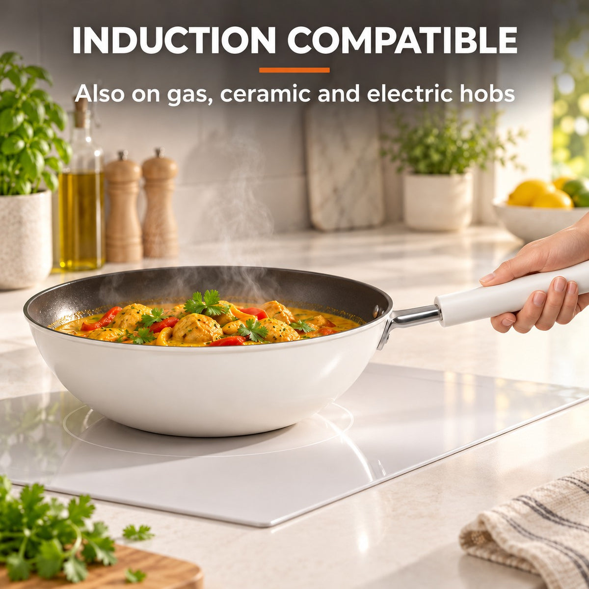 White wok, INDUCTION COMPATIBLE: Also on gas, ceramic and electric hobs