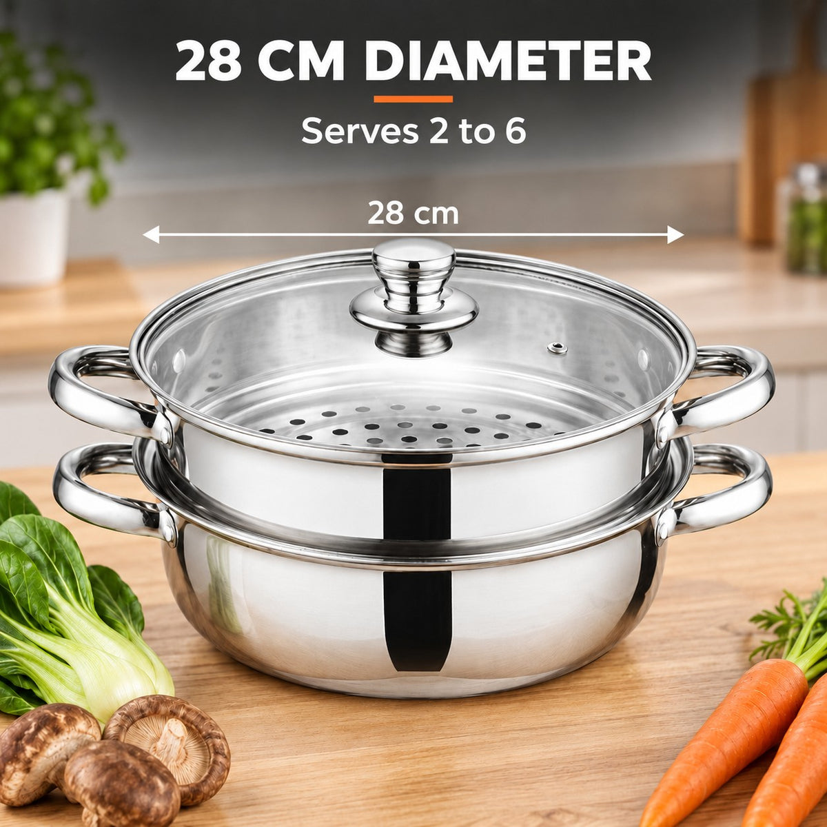 Wok and steamer set, 28 CM DIAMETER: Serves 2 to 6