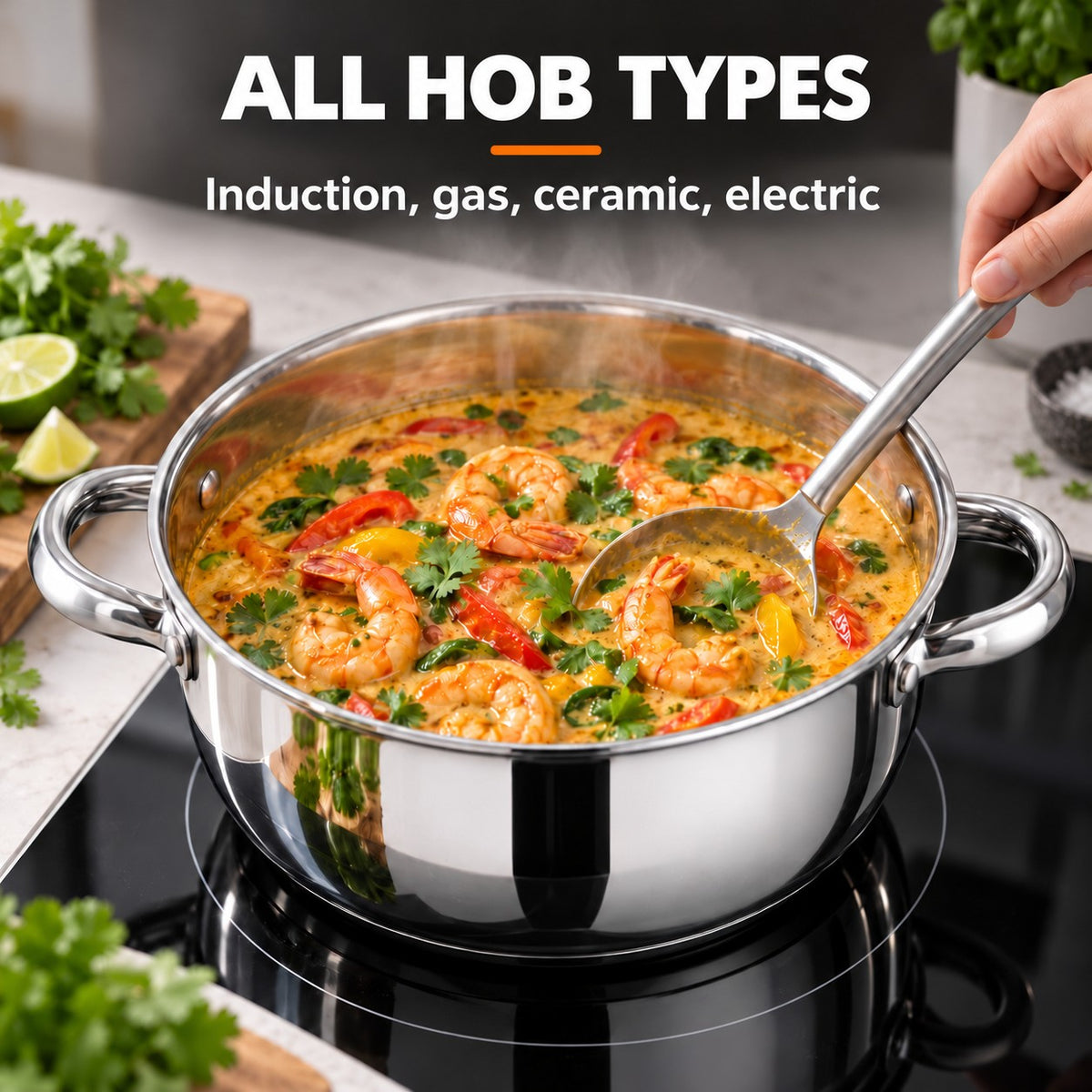 Wok and steamer set, ALL HOB TYPES: Induction, gas, ceramic, electric